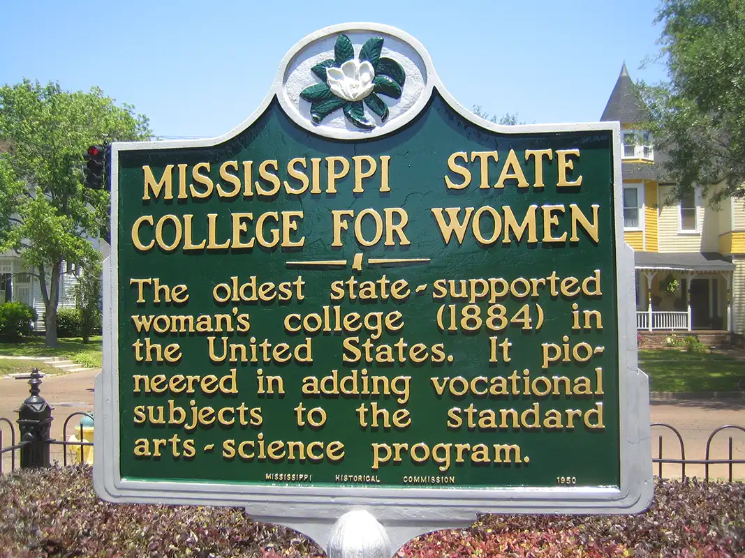 Mississippi State College for Women is now known as Mississippi University for Women. This marker is at the corner of College St. and S. 11th St. in Columbus.