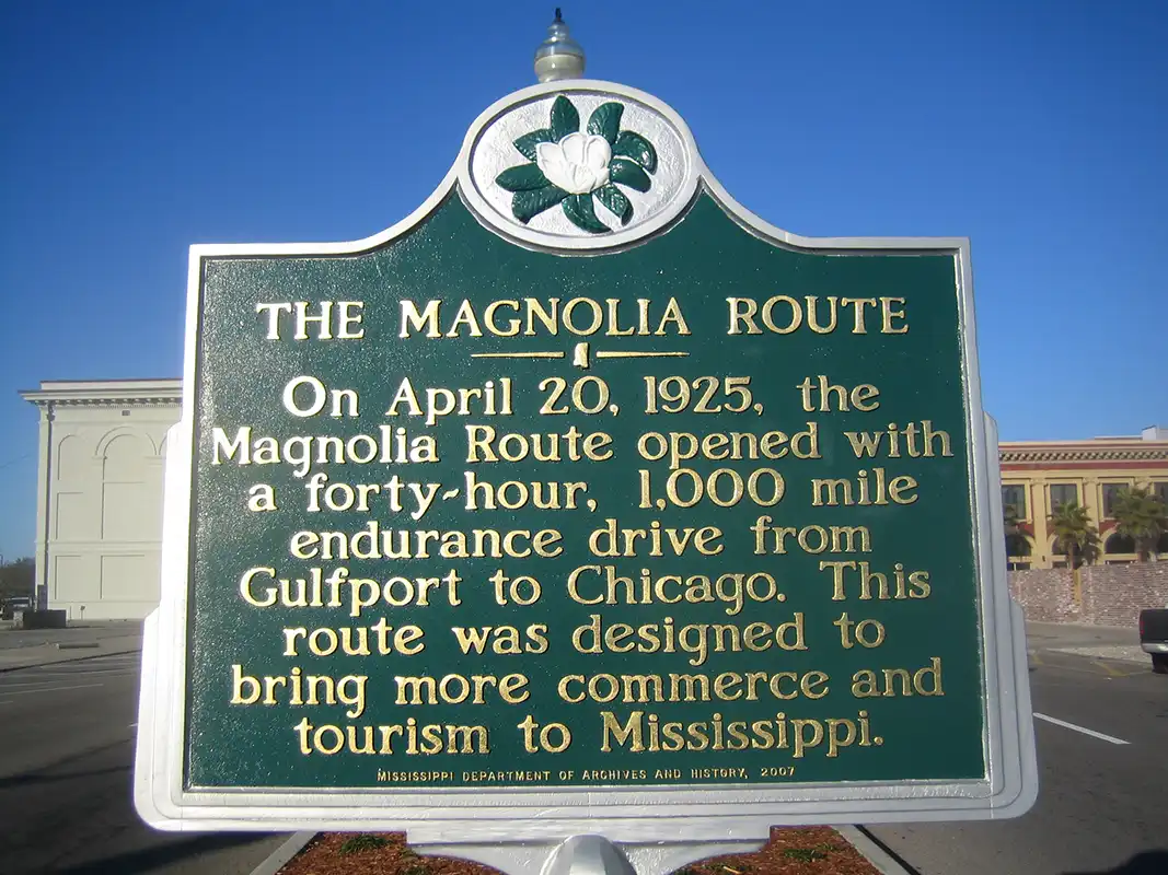 This marker for the Magnolia Route is on Highway 49 near where it meets Highway 90.