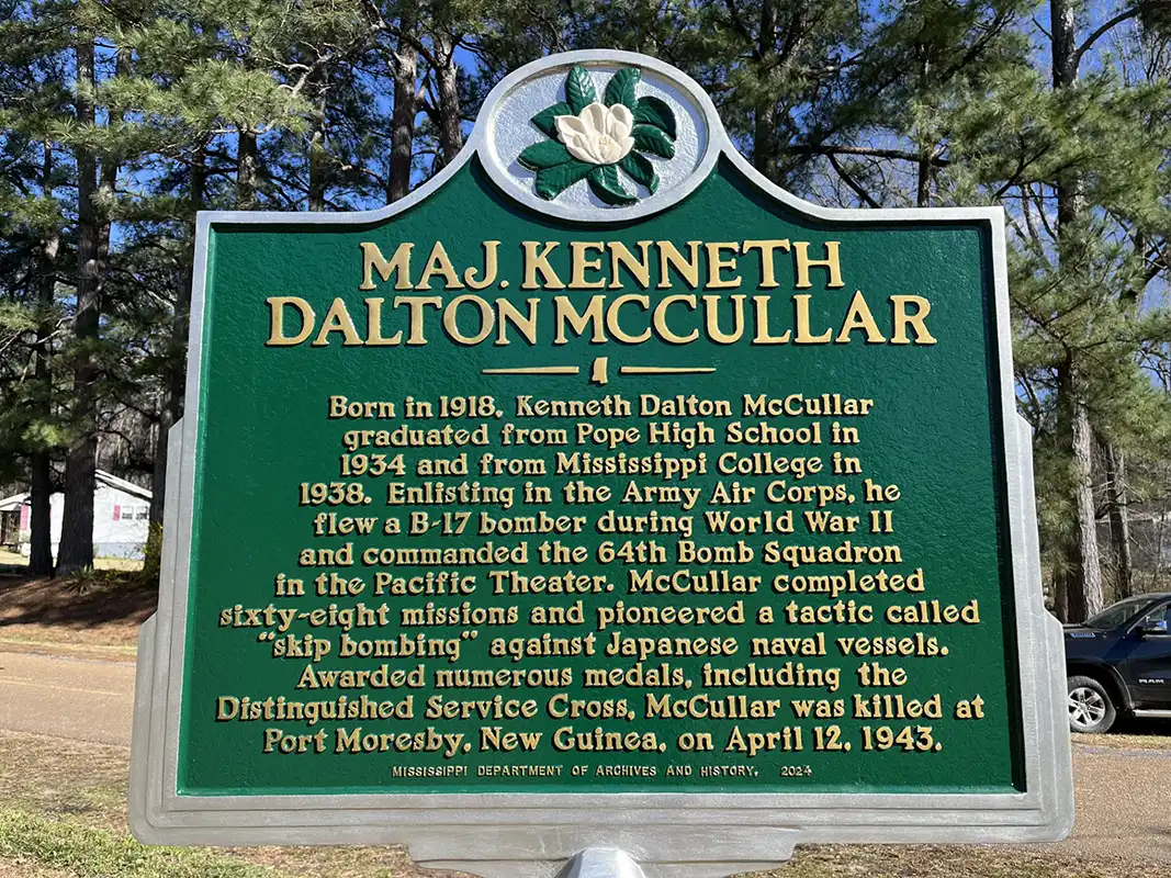 The Maj. Kenneth Dalton McCullar marker is on Main Street in Pope across from Pope City Hall.