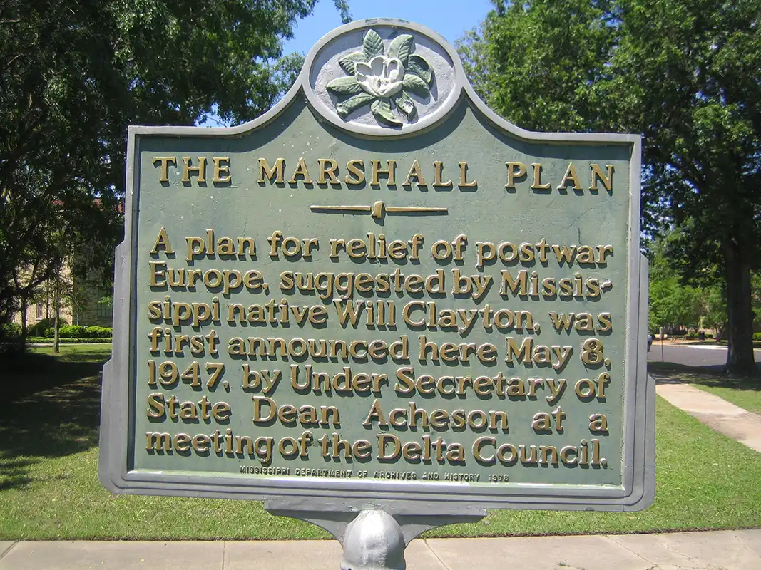 The Marshall Plan marker is in front of the Charles W. Capps, Jr. Archives and Museum Building on the campus of Delta State University.