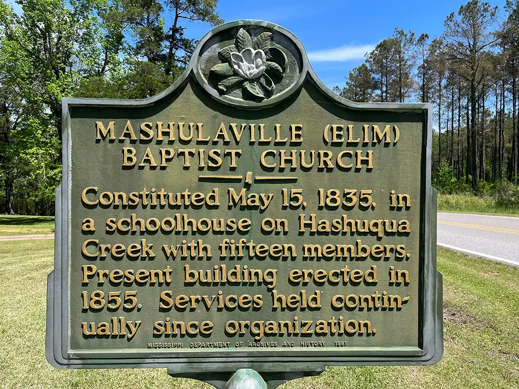 Mashulaville Baptist Church is about 12 miles west of Macon on Highway 490.