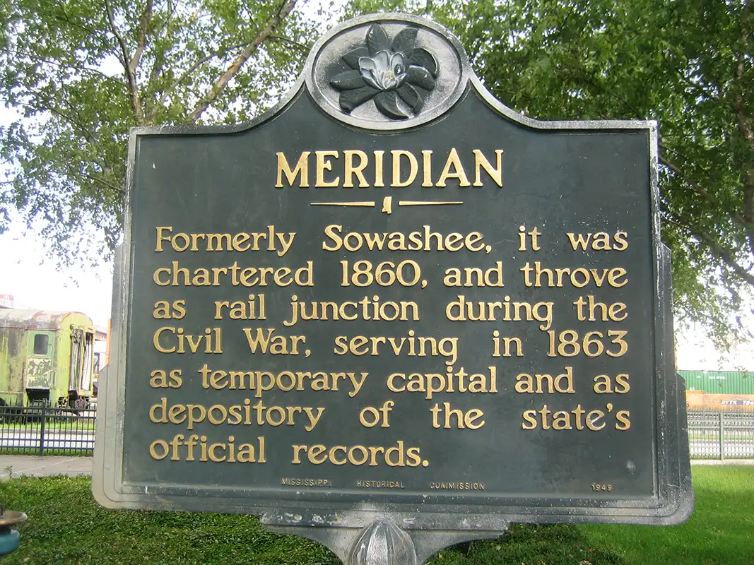 This marker is by the old depot in Meridian on Front Street.