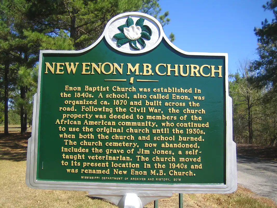 The New Enon M.B. Church marker is at 2159 Joiner Road, about 15 miles east of Batesville.