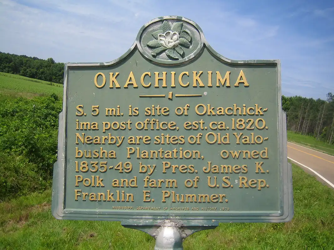 The Okachickima marker is in Yalobusha County on Highway 7 between Grenada and Coffeeville.