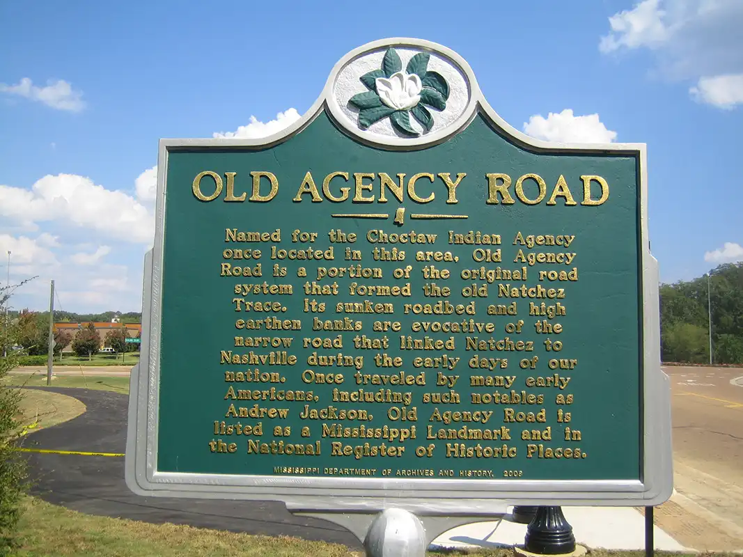 This Old Agency Road marker in Ridgeland is by the roundabout at Renaissance at Colony Park, about 1/4 mile west of I-55.