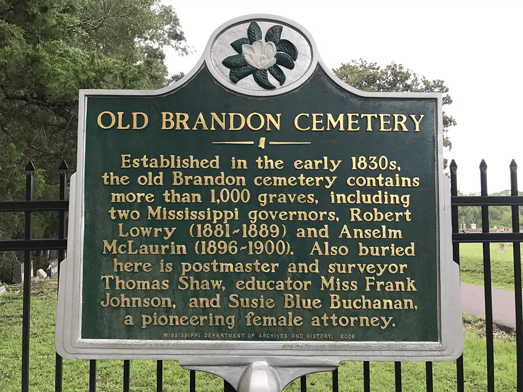 The Old Brandon Cemetery is near 152 Old Depot Road about 1/4 mile from downtown Brandon.