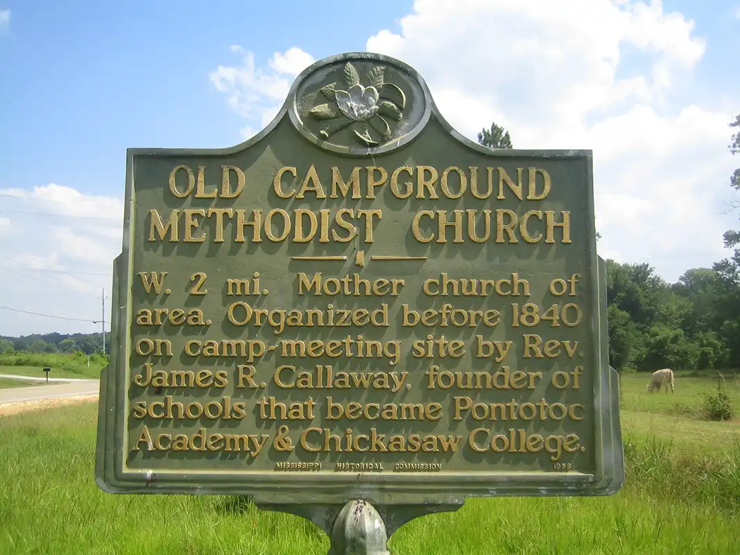 This marker for Old Campground Methodist Church is on Highway 41 South of Pontotoc.