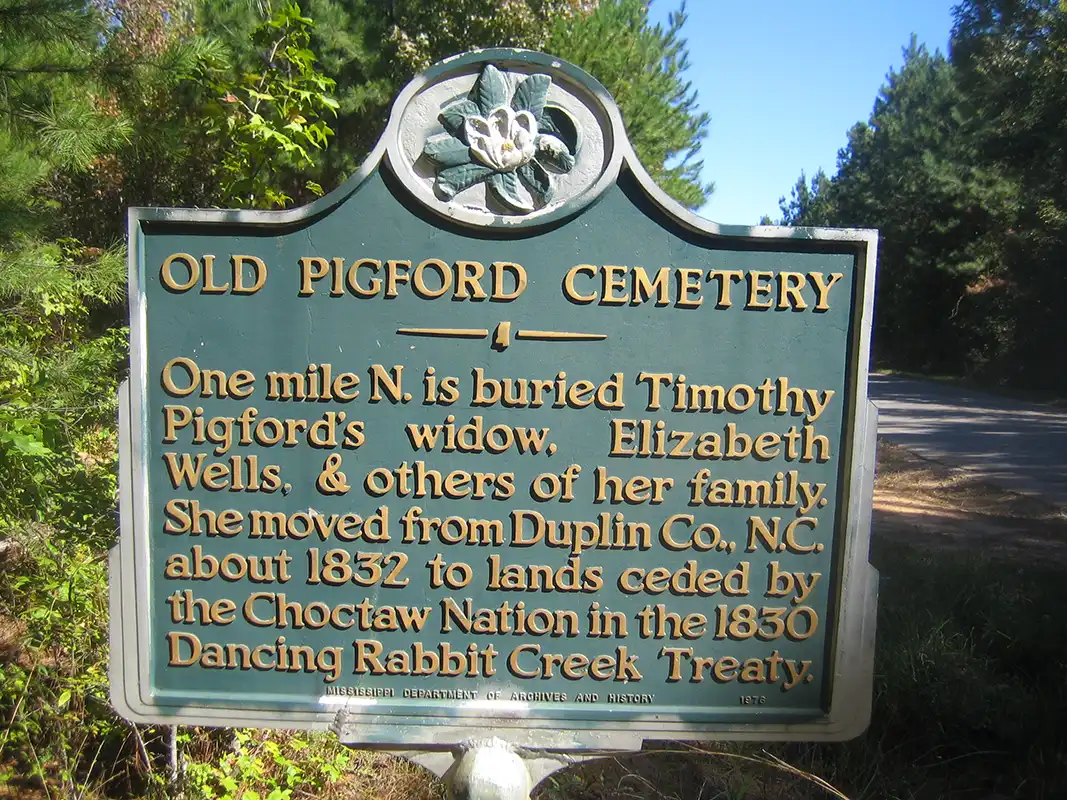 Old Pigford Cemetery is near Toomsuba, almost a mile NE from Mt. Gilead Baptist Church on KOA Campground Road.