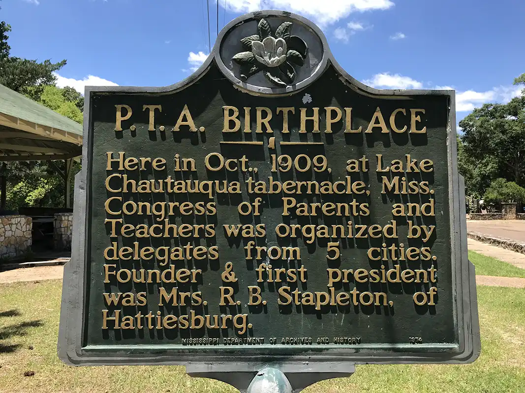 This marker for P.T.A. Birthplace is in Chautauqua Park in Crystal Springs.