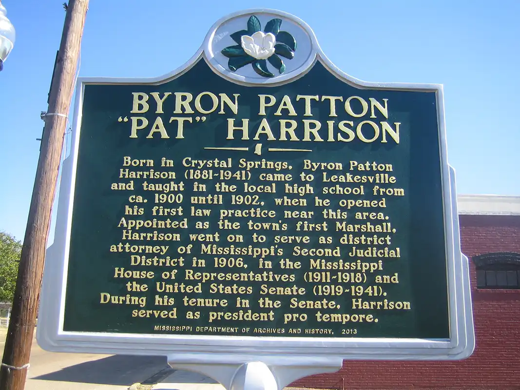 This marker for Senator Byron Patton "Pat" Harrison is across from the Greene County Courthouse in Leakesville.