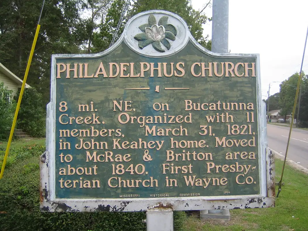 This marker for Philadelphus Church is at the corner of Mississippi Drive and Wayne Street in Waynesboro.