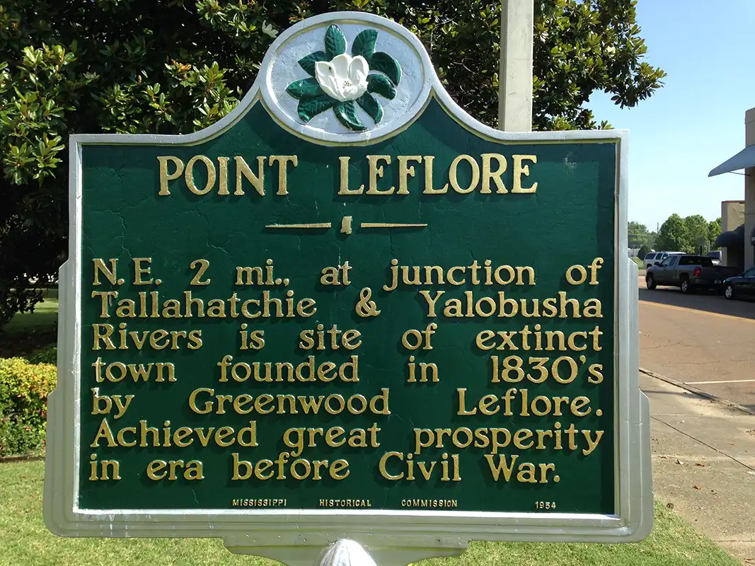 The Point Leflore marker is at the LeFlore County Courthouse on Fulton Street in Greenwood.