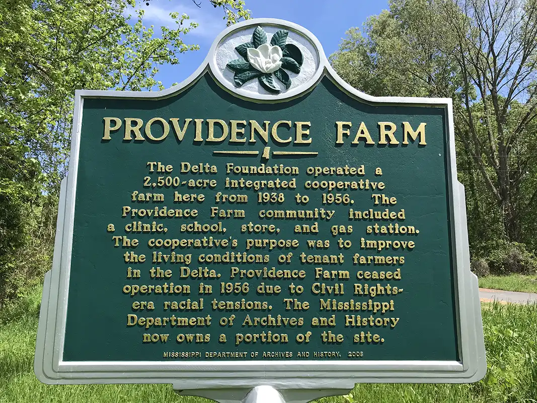 The Providence Farm marker is on Providence Road, 5.7 miles east of Highway 49, north of Tunica.