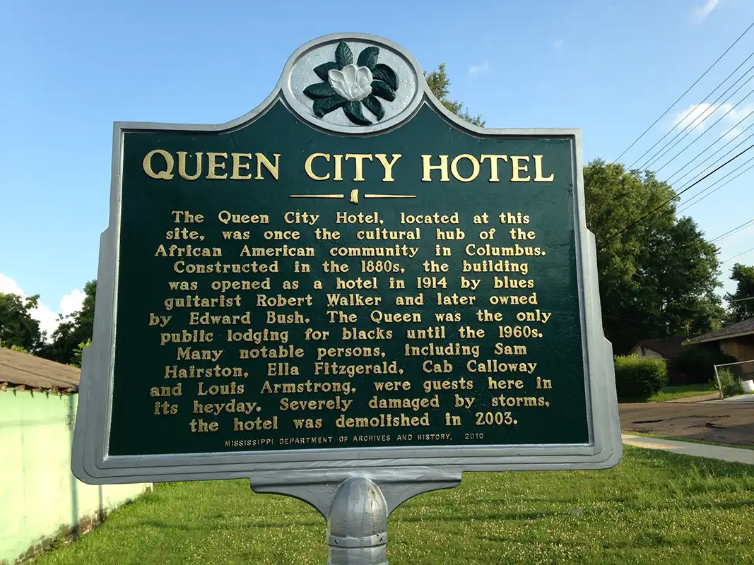 This marker for the Queen City Hotel is at the corner of 7th Avenue North and 15th Street in Columbus.