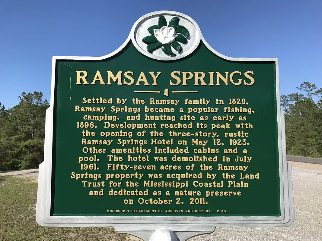 Ramsay Springs is on Highway 15, about a mile south of Ramsay Springs Grocery. Latitude N30.77082. Longitude W88.91421.