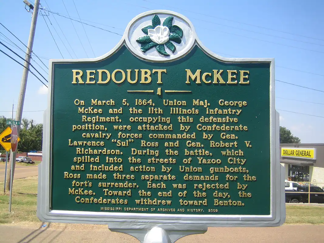This marker for Redoubt McKee is located at the corner of E. Broadway Street at Lincoln Street in Yazoo City.