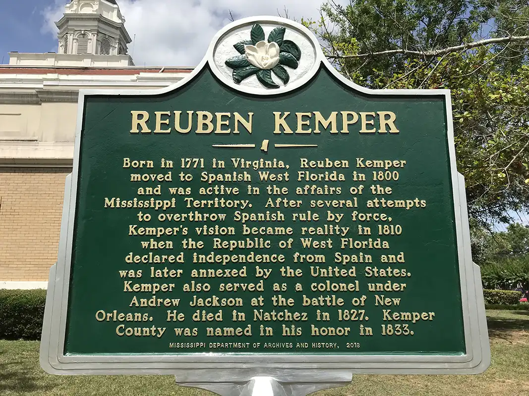 The Reuben Kemper marker is on the grounds of the Kemper County Courthouse in DeKalb.