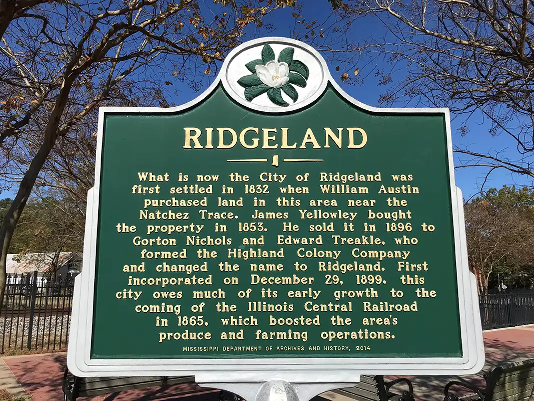 This marker is in downtown Ridgeland by the train tracks at the intersection of W. Jackson St. and NE Madison Drive.