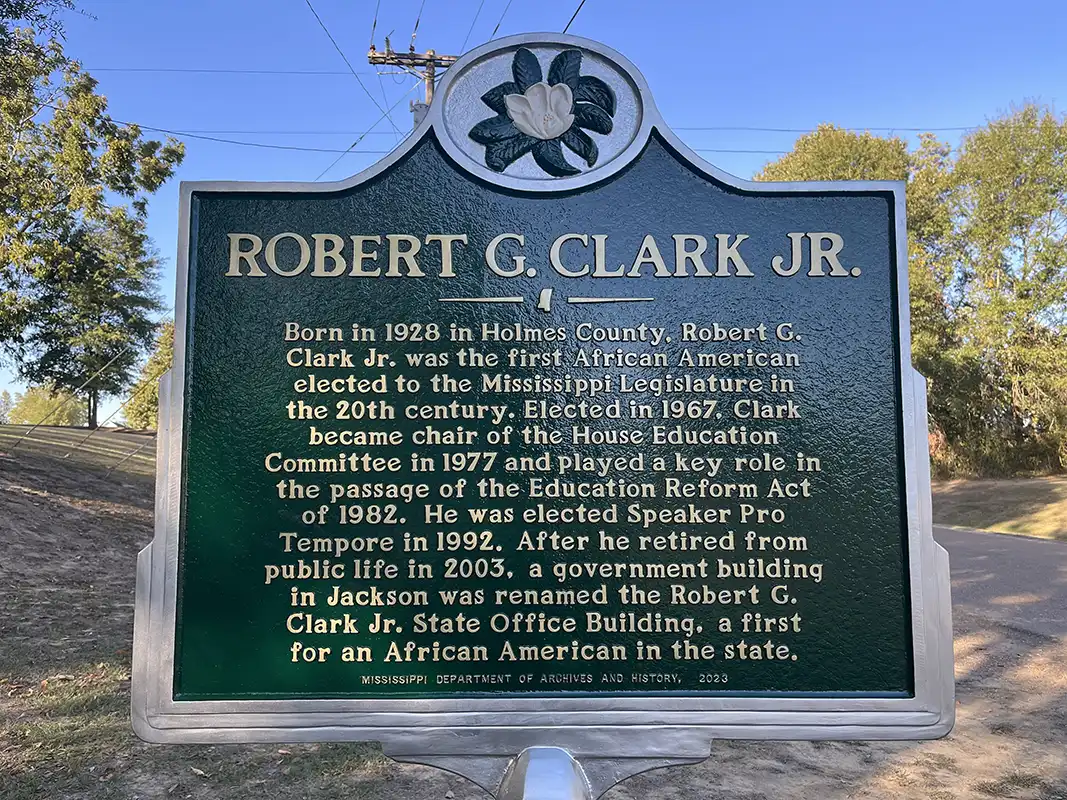 The Robert G. Clark Jr. marker is on the corner of Highway 14 and Ebenezer Road in Ebenezer (The Big Store).