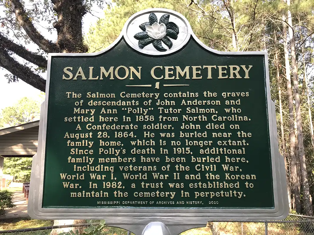The Salmon Cemetery is near Randolph at the end of a gravel road. Latitude 34.1837125; Longitude 89.1936753.