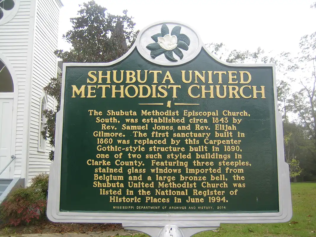 The Shubuta United Methodist Church marker is in Shubuta, about 40 miles south of Meridian on Highway 45.