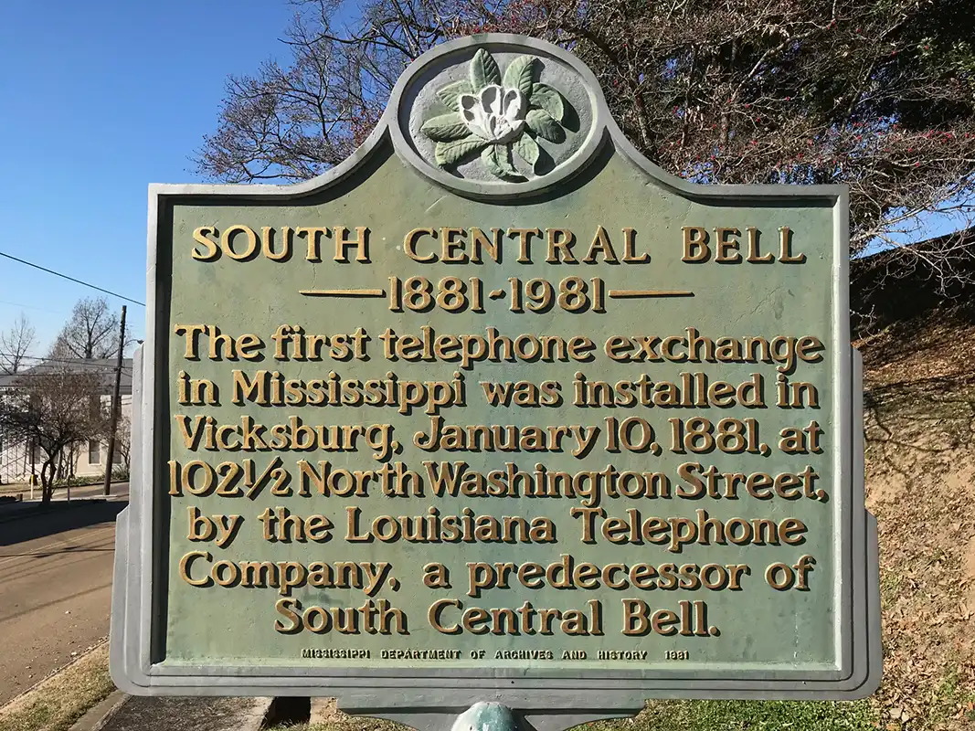 This marker for South Central Bell is at the Old Courthouse Museum in Vicksburg.