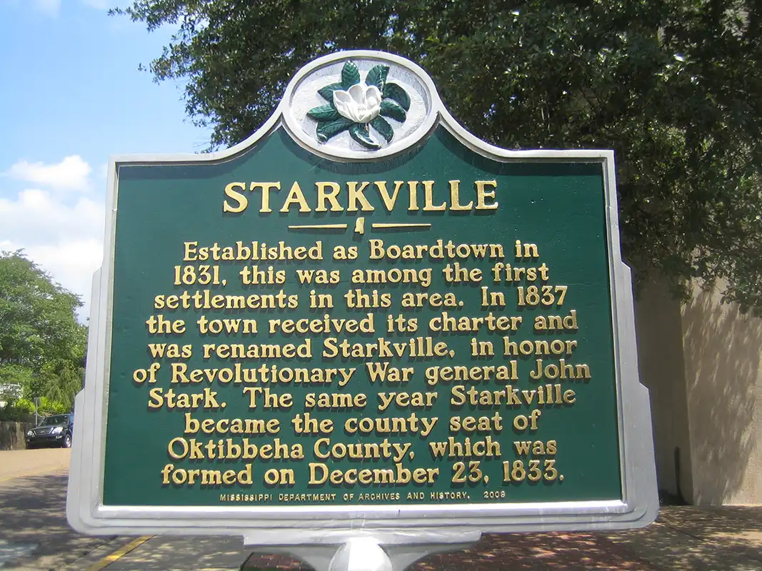 This marker is on the property of Cadence Bank in downtown Starkville.