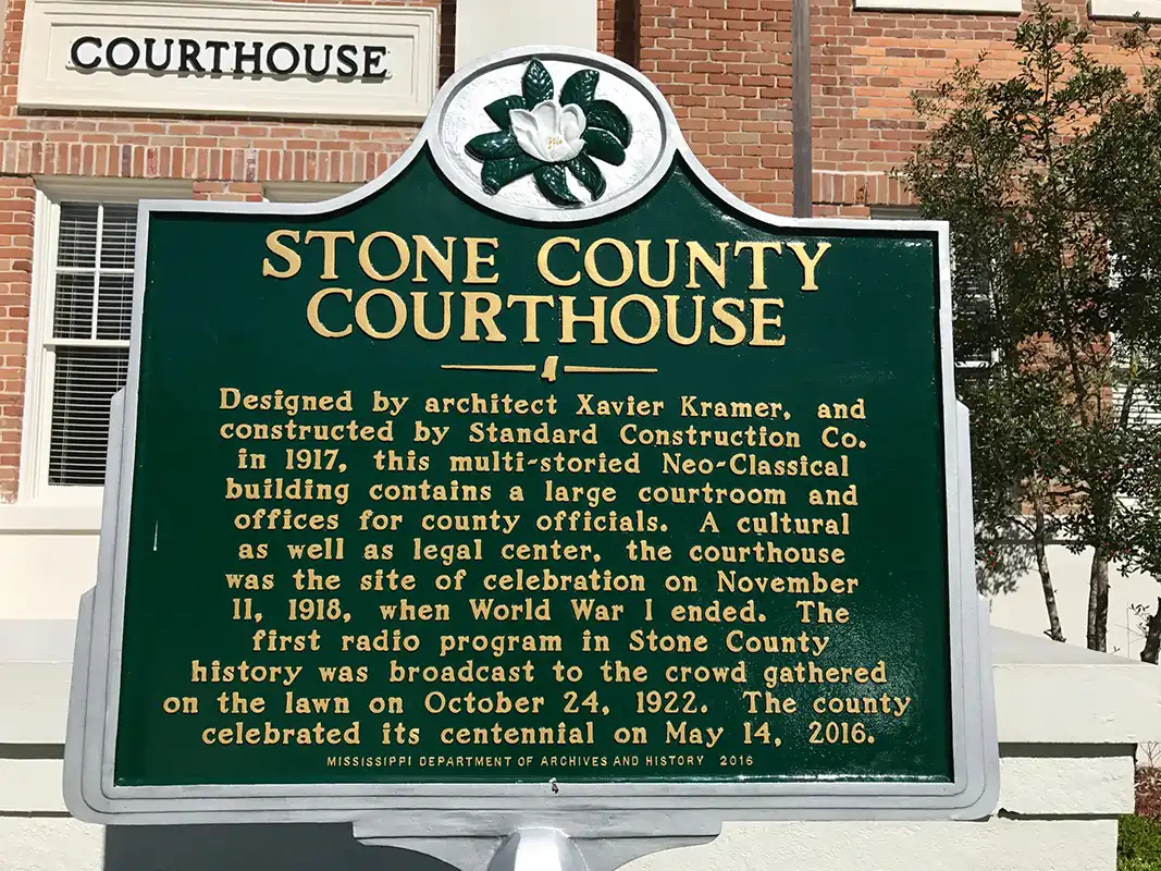 The Stone County Courthouse is at 323 Cavers Street in downtown Wiggins.
