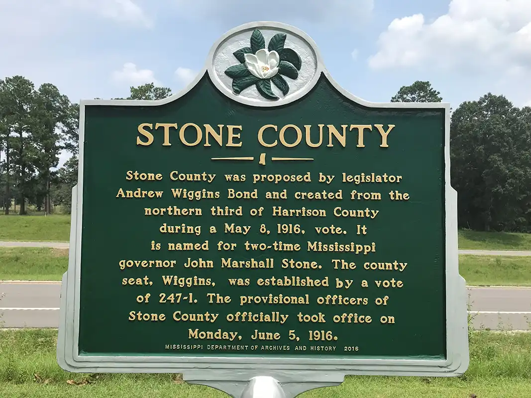 The Stone County marker is at the Dizzy Dean Rest Stop just north of Wiggins on Highway 49.