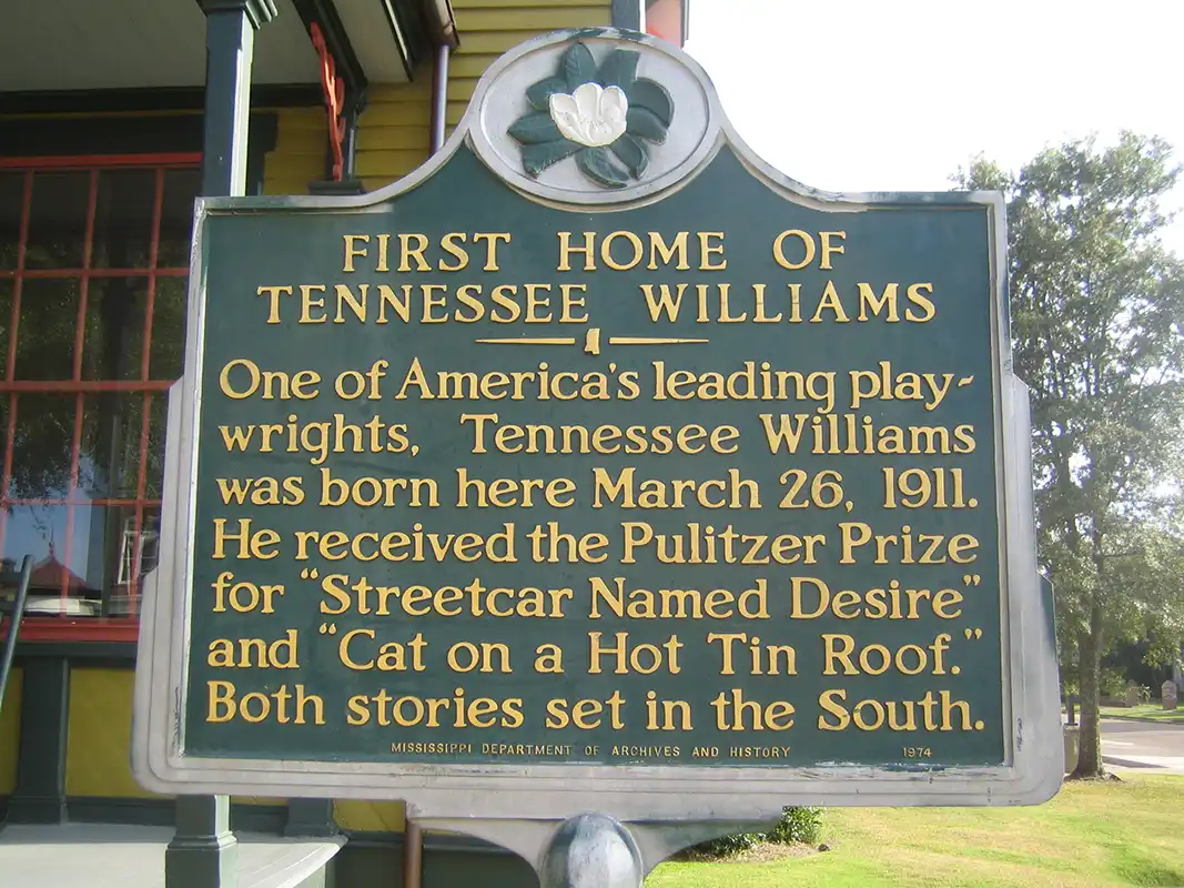 The Tennessee Williams Home marker is in front of the visitor's center on Main Street in Columbus.