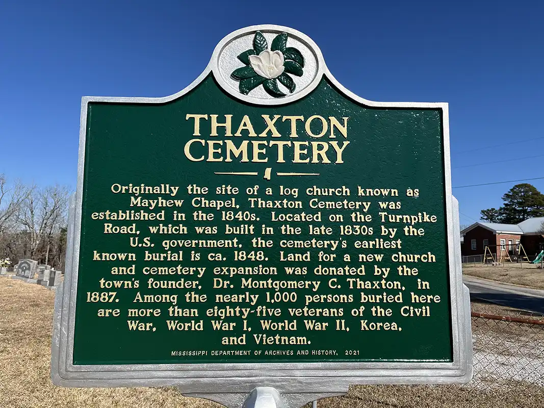 Thaxton Cemetery is at the intersection of Sewell Road and Hunter Road in Thaxton (near Thaxton Methodist Church).