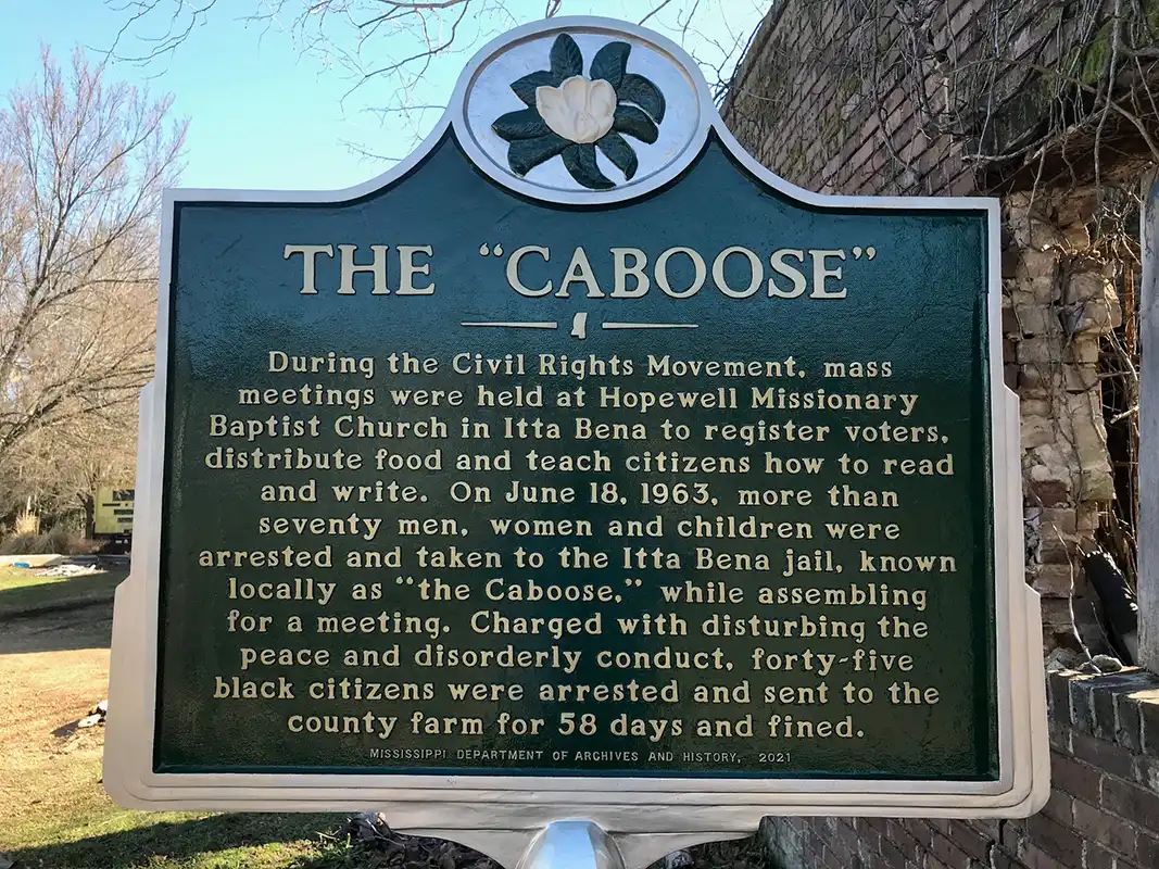 The Caboose marker is hidden in an alley between Front St. and Cleveland St. off Basket St. in downtown Itta Bena.