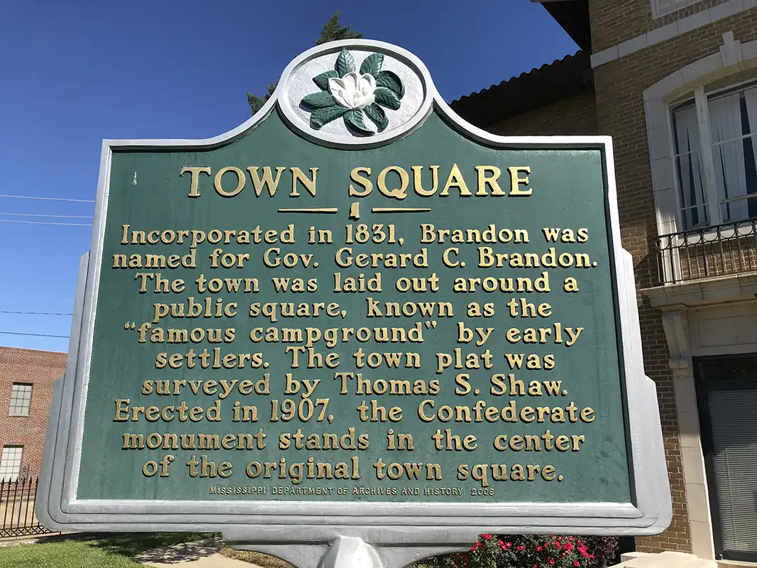 This marker for Town Square is at the Rankin County Courthouse in downtown Brandon.