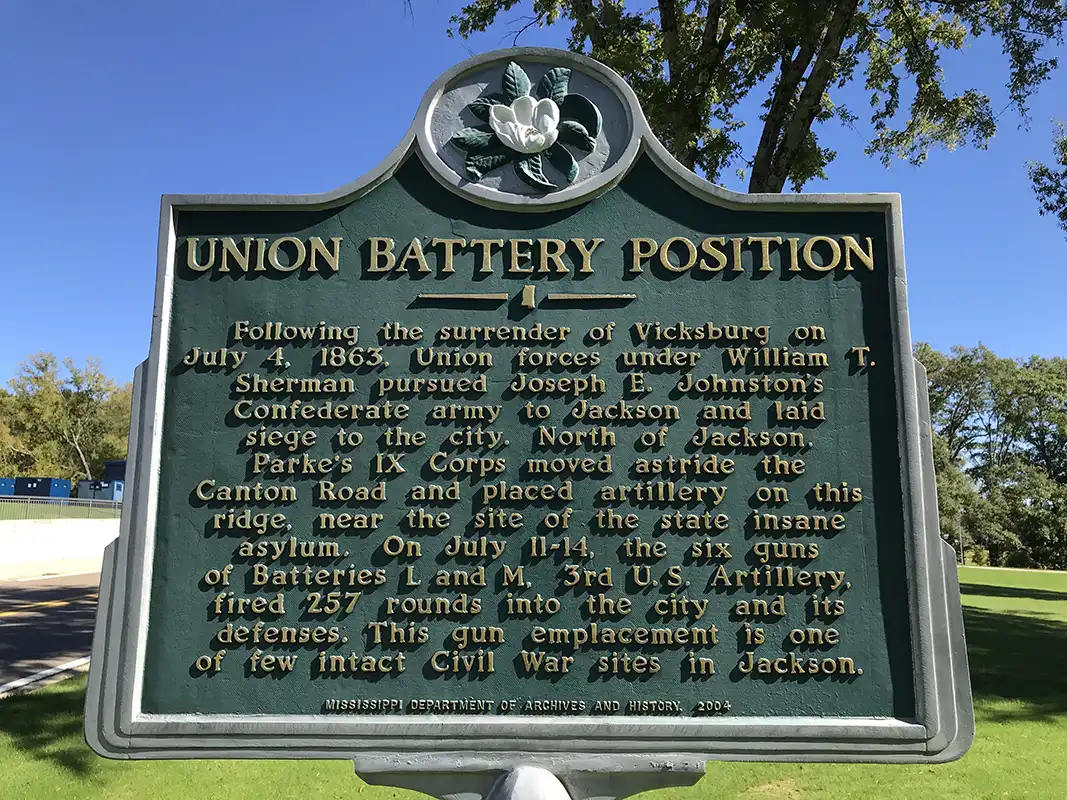 This marker for Union Battery Position is at the University Medical Center by the Dental School and across from the Pharmacy School.
