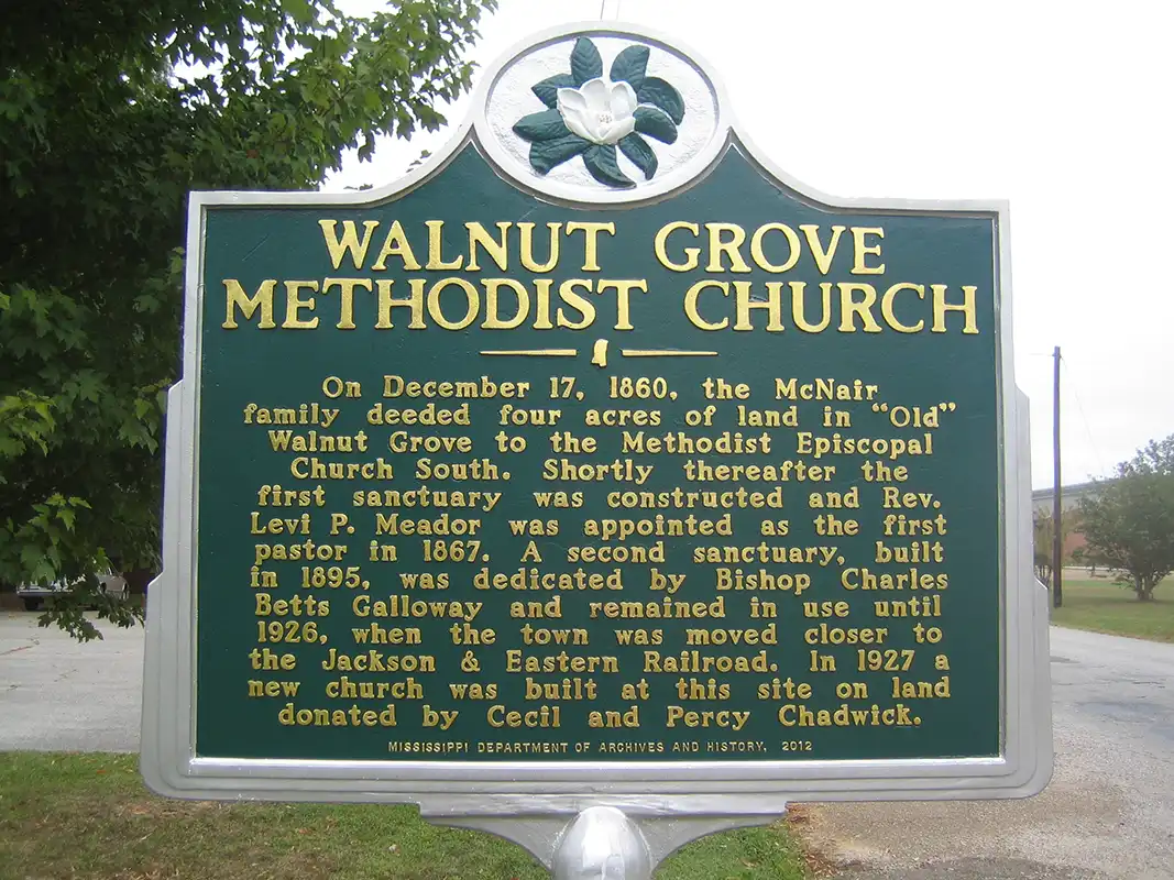 The Walnut Grove Methodist Church marker is at 209 Spruce Street in Walnut Grove.