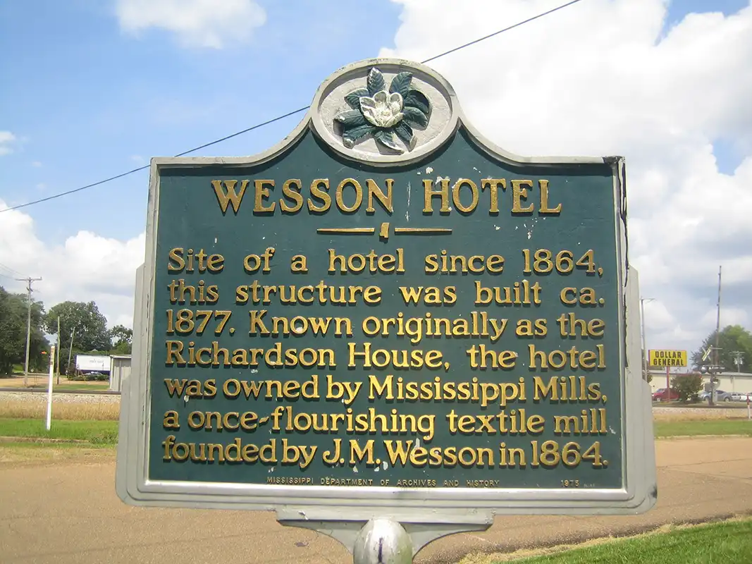 This marker for Wesson Hotel is about a quarter mile east of Highway 51 in Wesson.