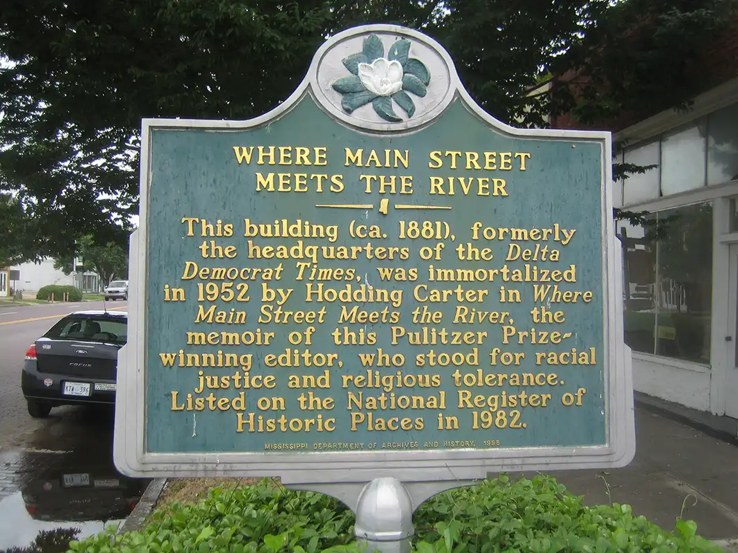 The Where Main Street Meets the River marker is located at 201 Main Street in downtown Greenville, at corner with Walnut St.